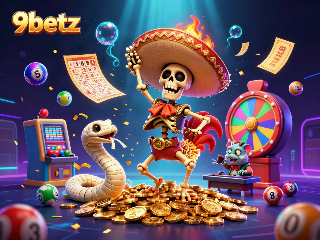 9betz lottery fiesta with a skeleton mariachi rooster dancing, golden coins, and vibrant game elements raining