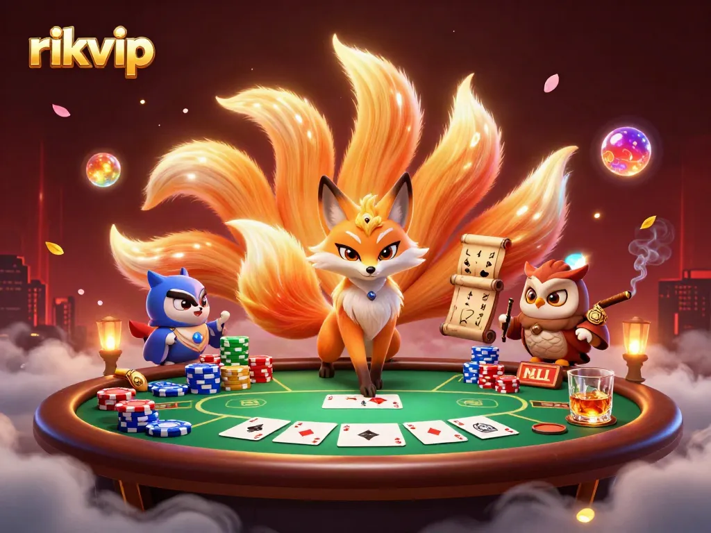 Experience thrilling poker action at rikvip with vibrant characters and game elements dynamically showcased.
