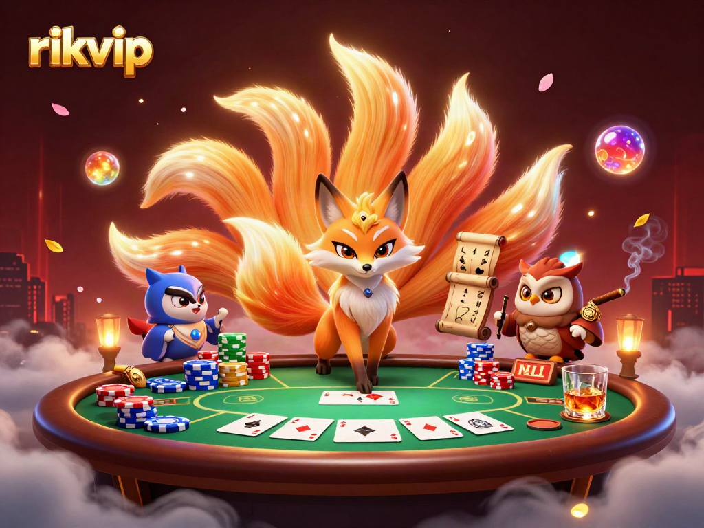 Experience thrilling poker action at rikvip with vibrant characters and game elements dynamically showcased.