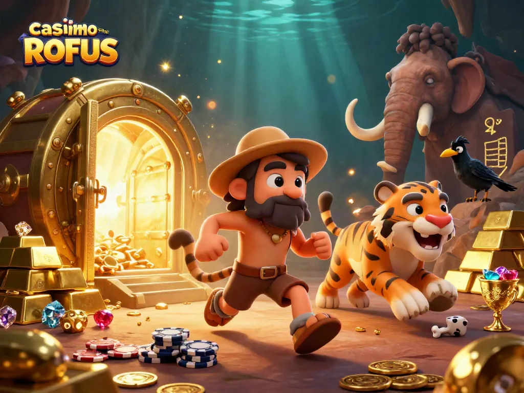 Experience the thrill at casino uden om ROFUS with a vibrant prehistoric casino scene full of action and excitement.