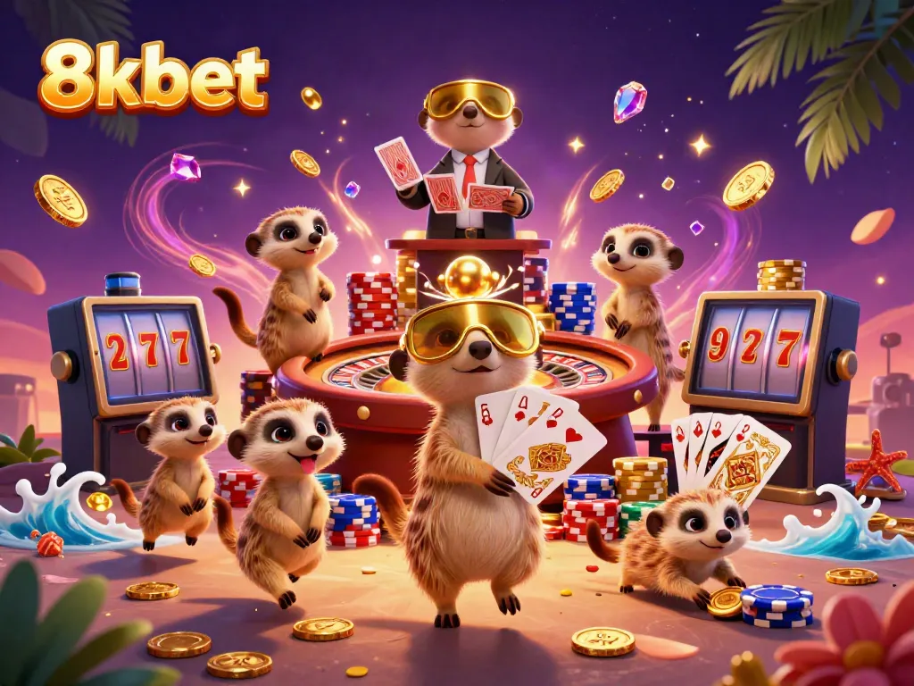 Engage with 8kbet's vibrant casino experience featuring lively meerkats and dazzling gaming elements.