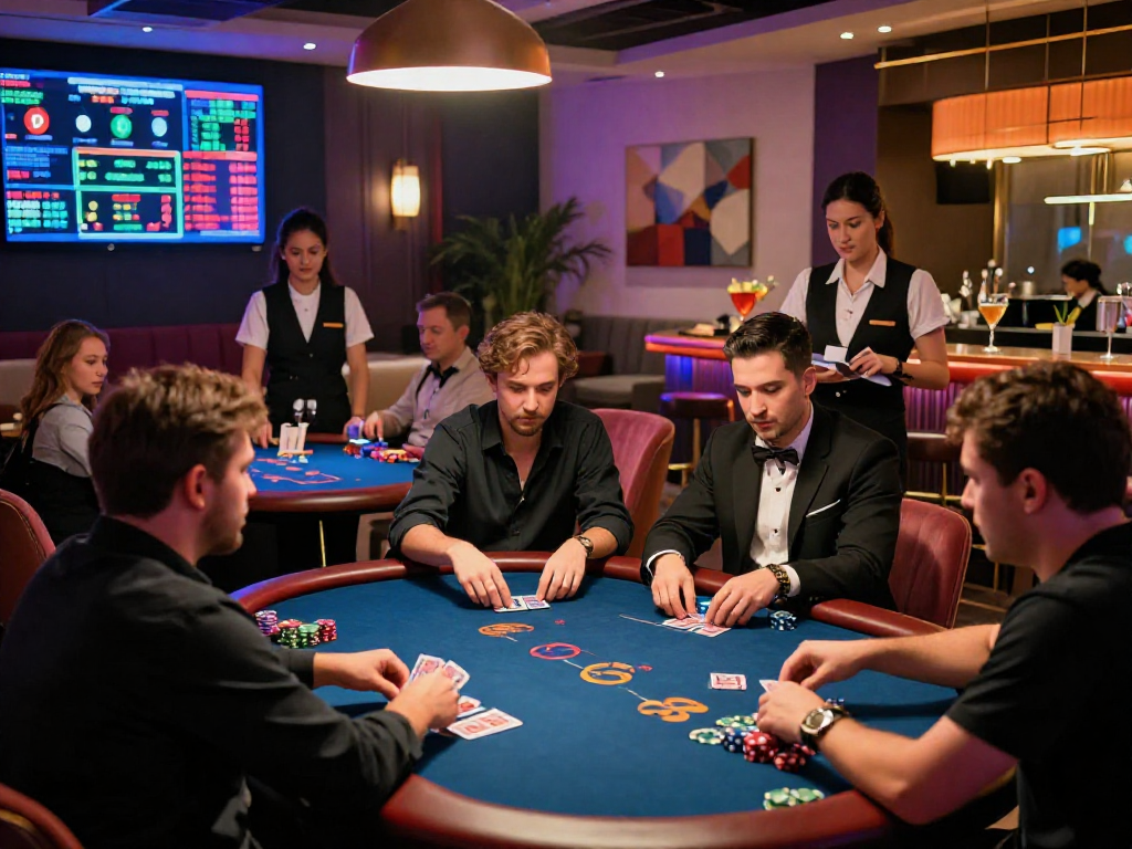 Exciting crypto casino scene with players at poker tables, vibrant atmosphere and digital screens.