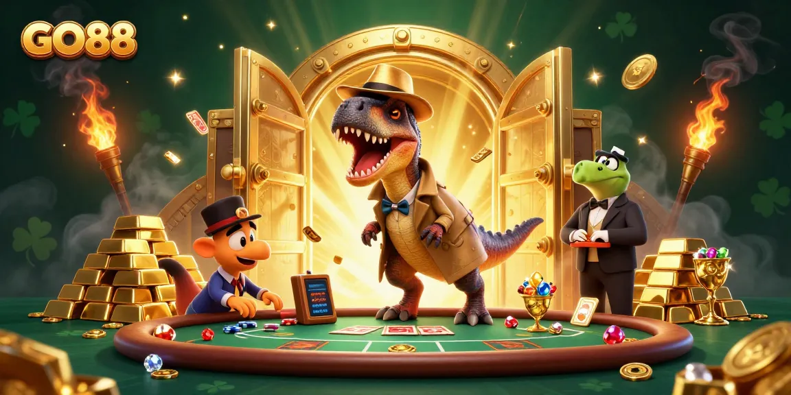 GO88's thrilling blackjack table scene featuring a stealthy velociraptor card counter and vibrant treasures.