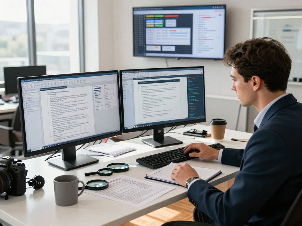 Expert conducting document fraud detection analysis with advanced tools and AI dashboards in a modern office setting.