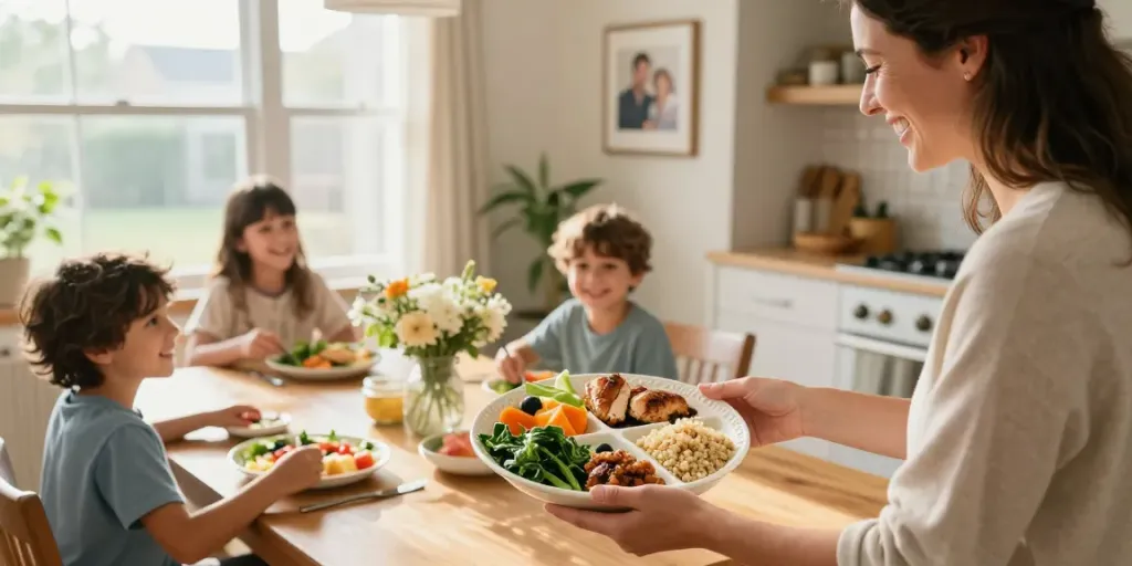 Serving a Portion Control Plate filled with healthy vegetables, proteins, and grains in a bright kitchen.
