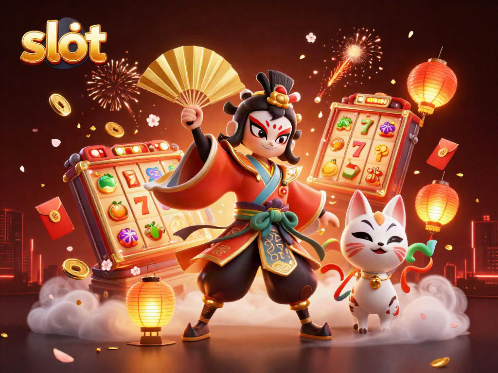 Experience exciting slot adventures with a kabuki warrior crane and kitsune amidst vibrant game elements.