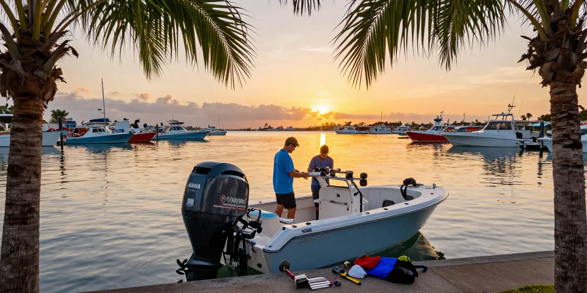 Boater at outboardenginehub.com inspecting Yamaha engine with tools on fishing boat at sunset.
