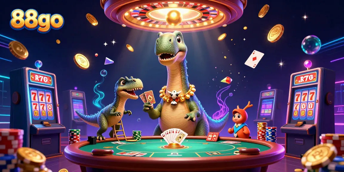 Bet big with 88go's exciting casino scene featuring a giant brontosaurus and vibrant gaming elements.