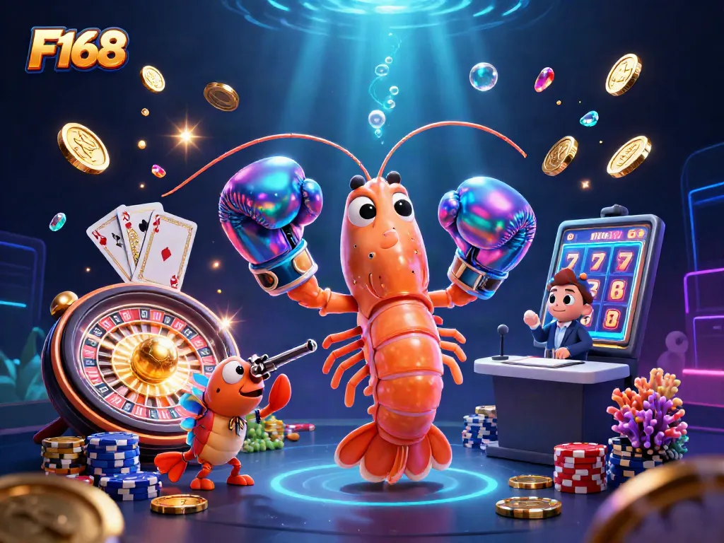 F168 captures the excitement of gambling with vibrant characters, coins, and a dynamic casino atmosphere.