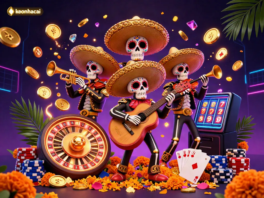 Experience the excitement of keonhacai with a vibrant mariachi band and cascading casino elements.