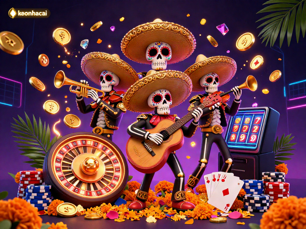 Experience the excitement of keonhacai with a vibrant mariachi band and cascading casino elements.