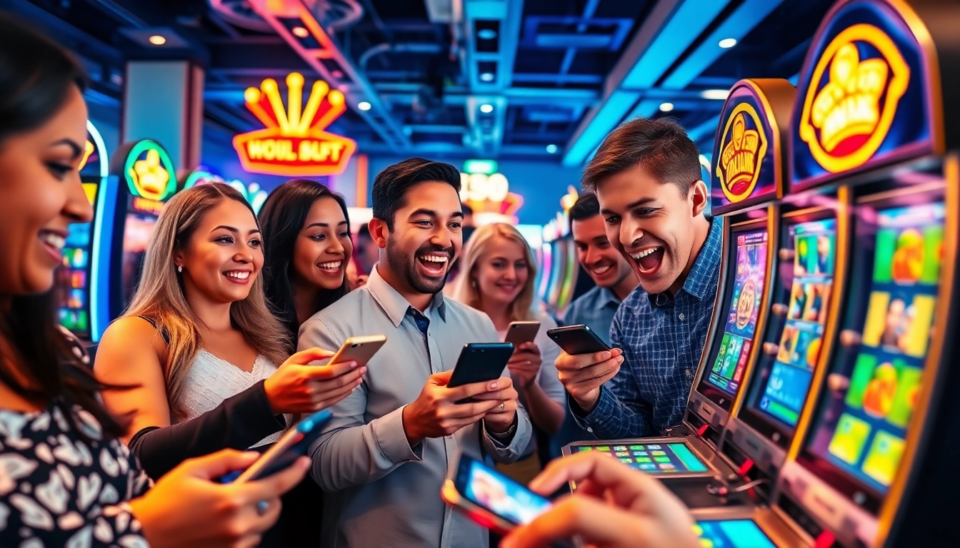 Exciting gaming experience at NOHU90 with diverse players engaging in vibrant slot games.