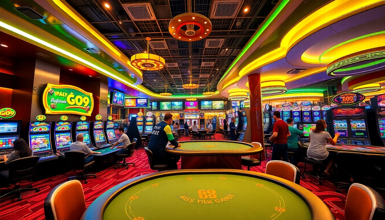 GO99 casino vibrant gaming scene with poker, slots, and betting excitement.