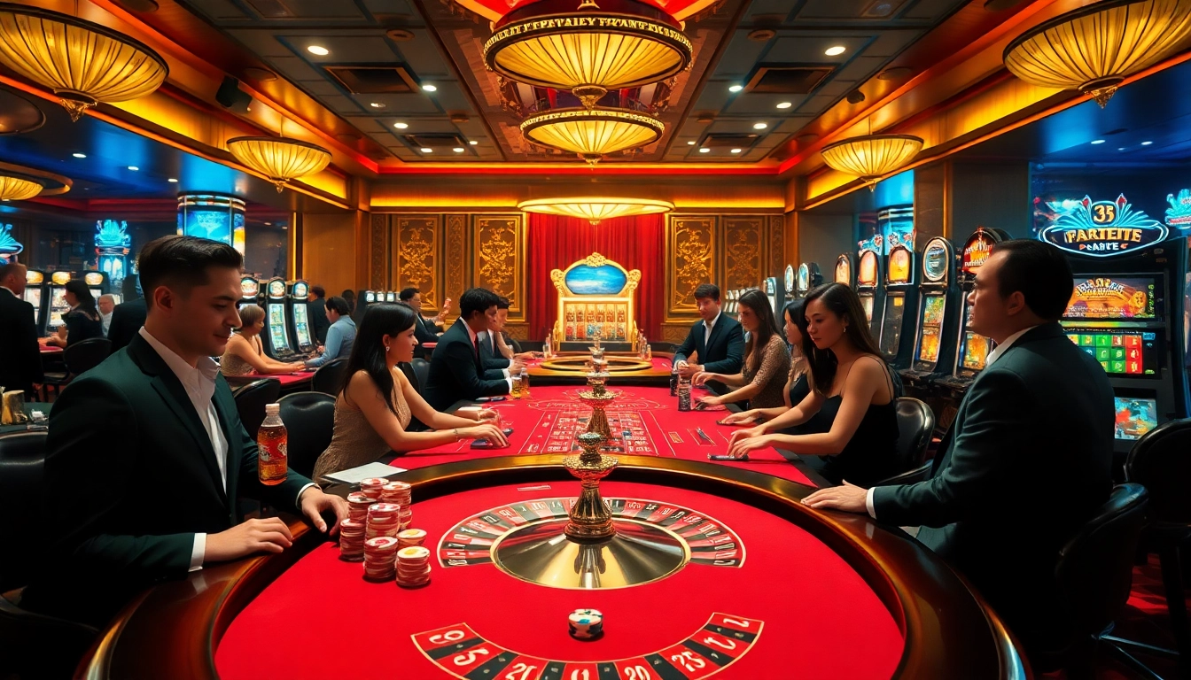 Experience thrilling gaming at 33win33 with diverse players enjoying poker and roulette in a luxurious casino.