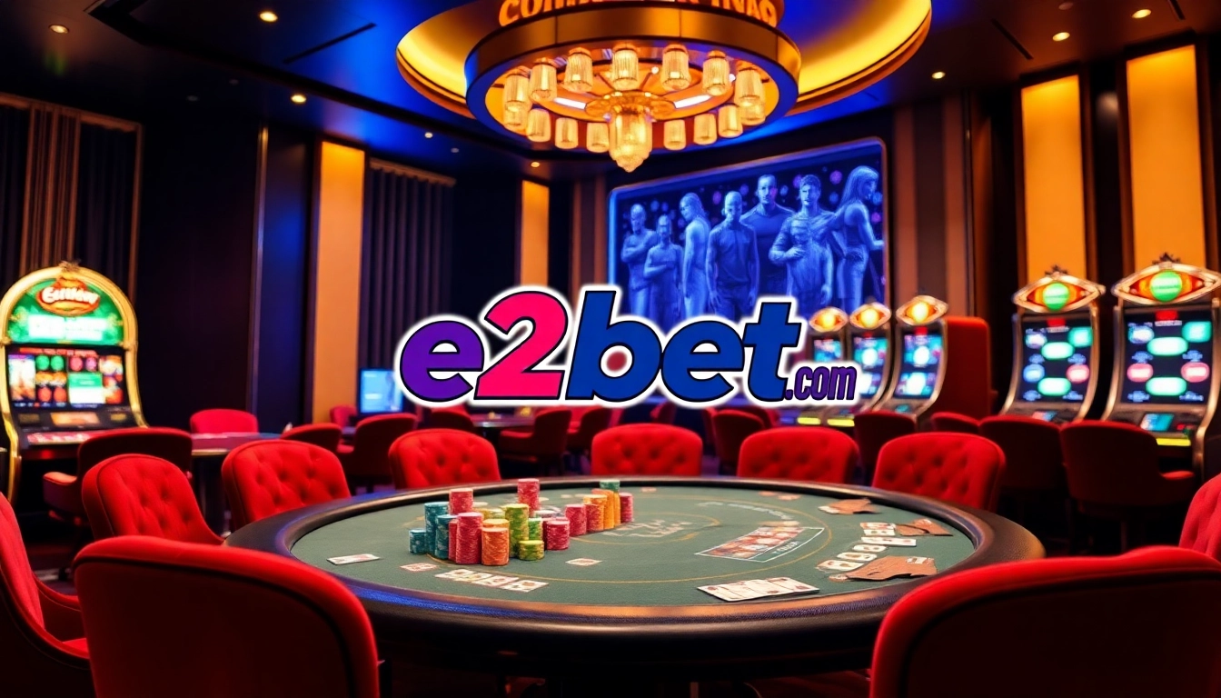 Engage with thrilling games at e2bet.com with dynamic casino elements like poker chips and a roulette wheel.