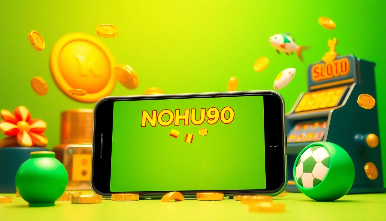Exciting gaming scene with NOHU90 logo on a smartphone, surrounded by slot machine and sports icons.