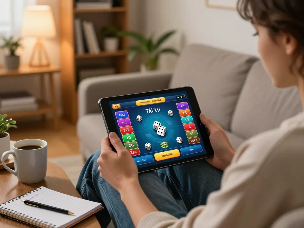Tài xỉu online uy tín game play on a tablet, showcasing a cozy home gaming setup.
