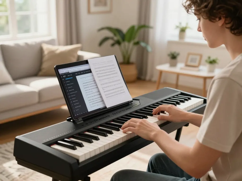Engaging young musician playing the go 88 digital piano in a cozy living room.