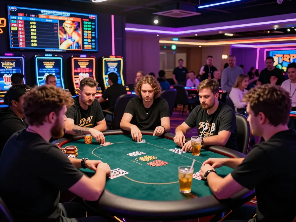 Exciting live poker game at the 789 club, vibrant digital casino atmosphere with cheering players.