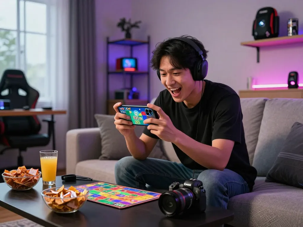Excited player downloading the Sunwin mobile app for Tài Xỉu gaming experience in a cozy living room.