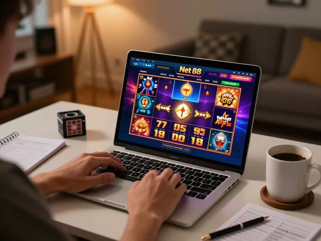 Engaged player enjoying Net 88 online casino gaming on a laptop with vibrant game visuals