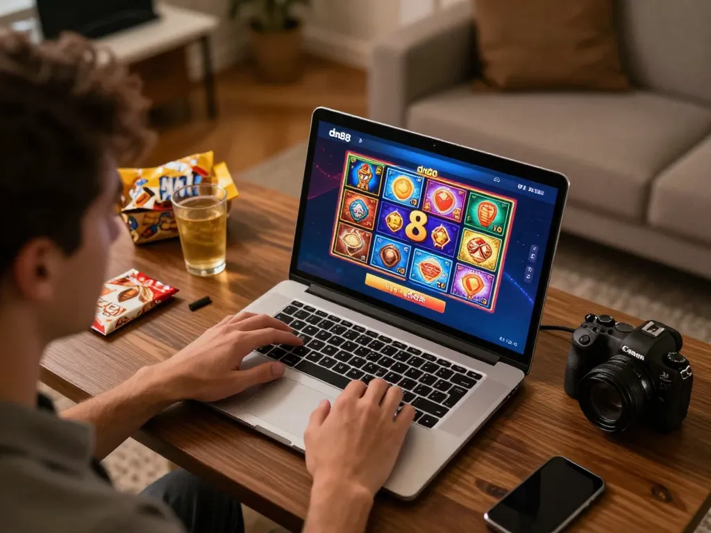 Engaging in dn88 đăng nhập for online casino gaming at home with laptop, cozy environment