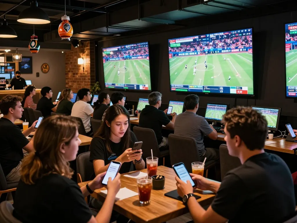Place bets and enjoy live sports at https://go8.onl/, with fans cheering in a vibrant betting area.