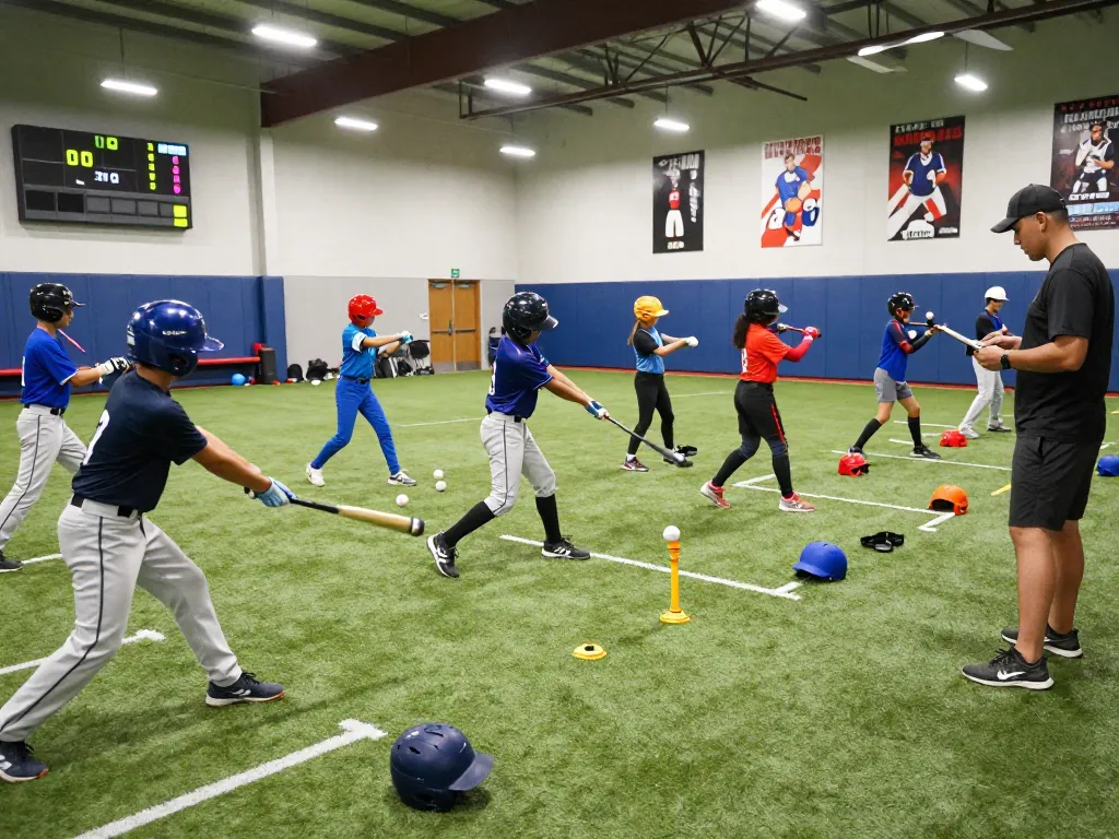 Young athletes training at the hitclub baseball facility, showcasing teamwork and dedication with gear and practice statistics.