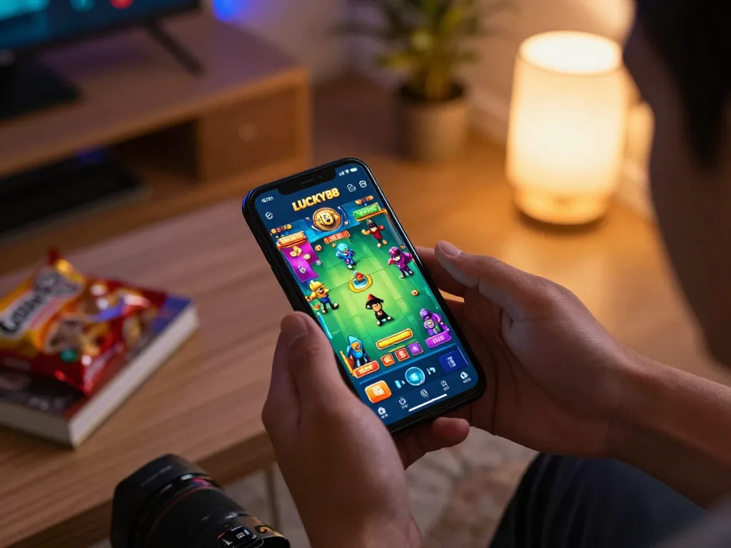 LUCKY88 app viewed on smartphone during an exciting online gaming session in a cozy home setting.