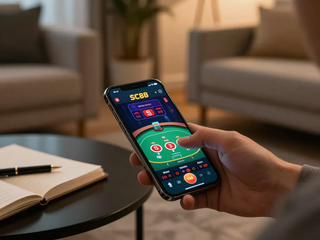 Engaging with the SC88 casino app on a smartphone in a cozy home setting, highlighting online gaming