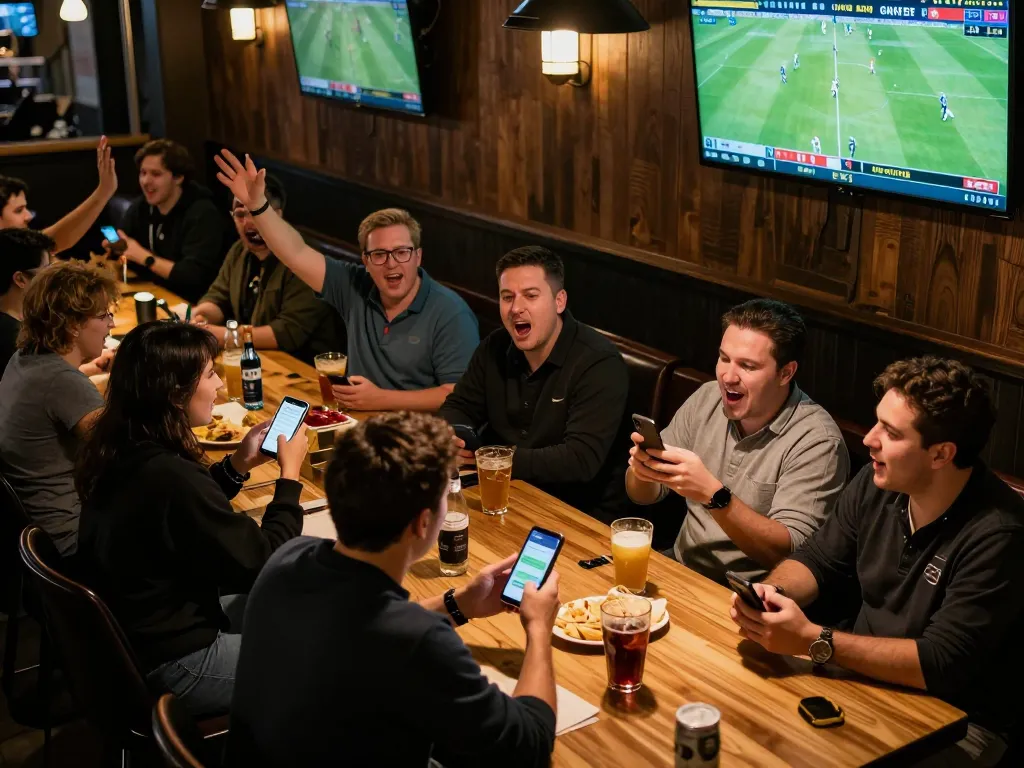 Betting on tỷ lệ kèo during a lively sports event at a crowded bar with engaged patrons.