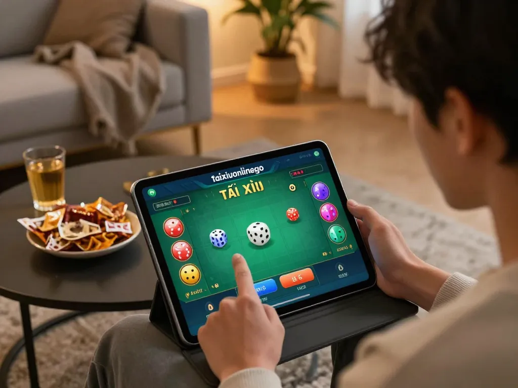 Player engaging with the taixiuonlinego mobile app for Tài Xỉu online gaming in a cozy home setting.