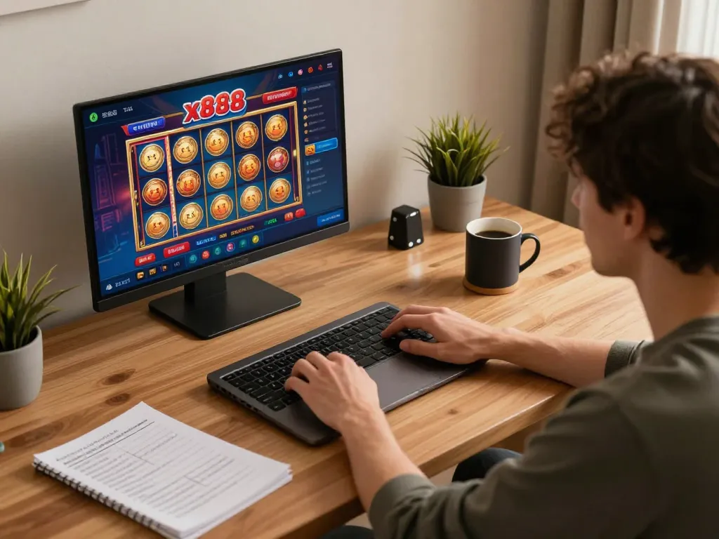 x888 slot game displayed on a gaming setup during cozy home session, person focused on strategic play