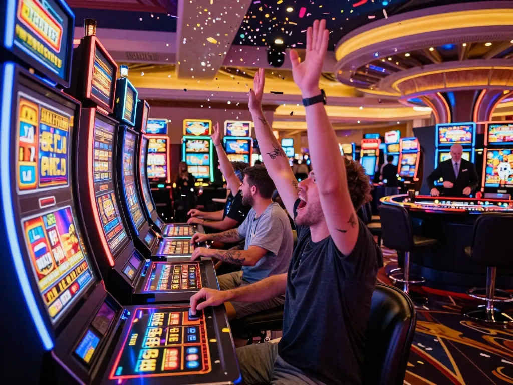 Players celebrating a big win at XX88 slot machines in a vibrant Las Vegas casino.