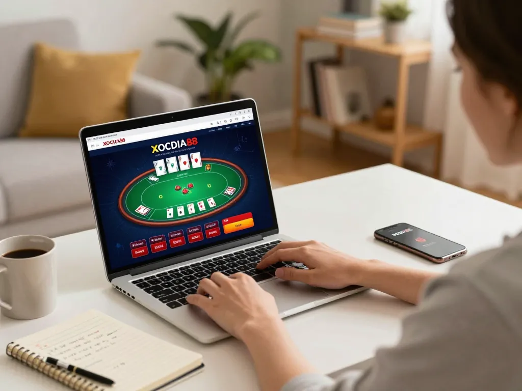 Engaging gaming at XOCDIA88's online platform featuring poker gameplay in a cozy home setting.