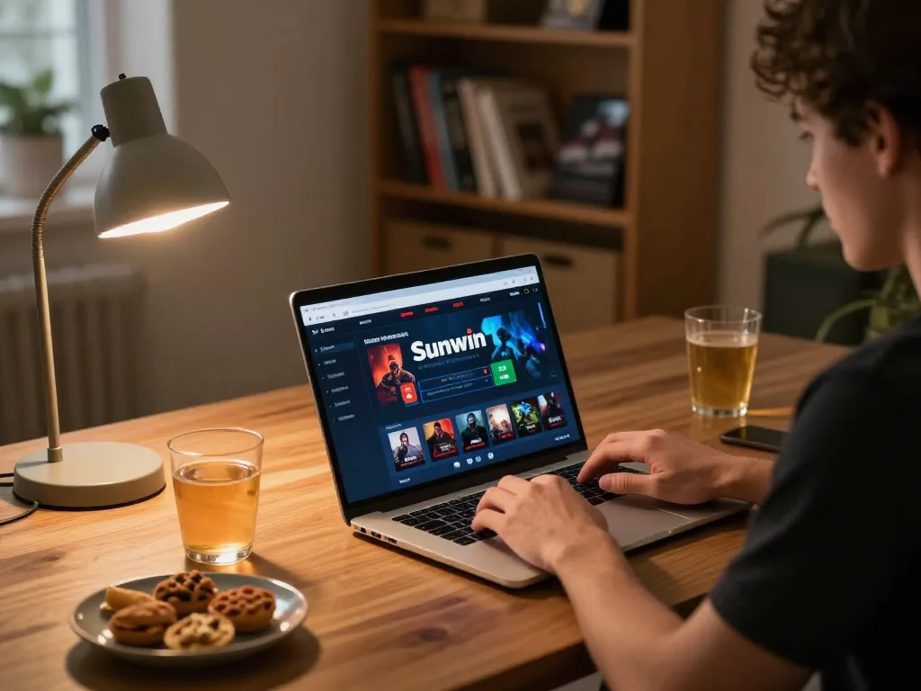 Player engaging with the Sunwin casino app on a laptop in a cozy home gaming setup.