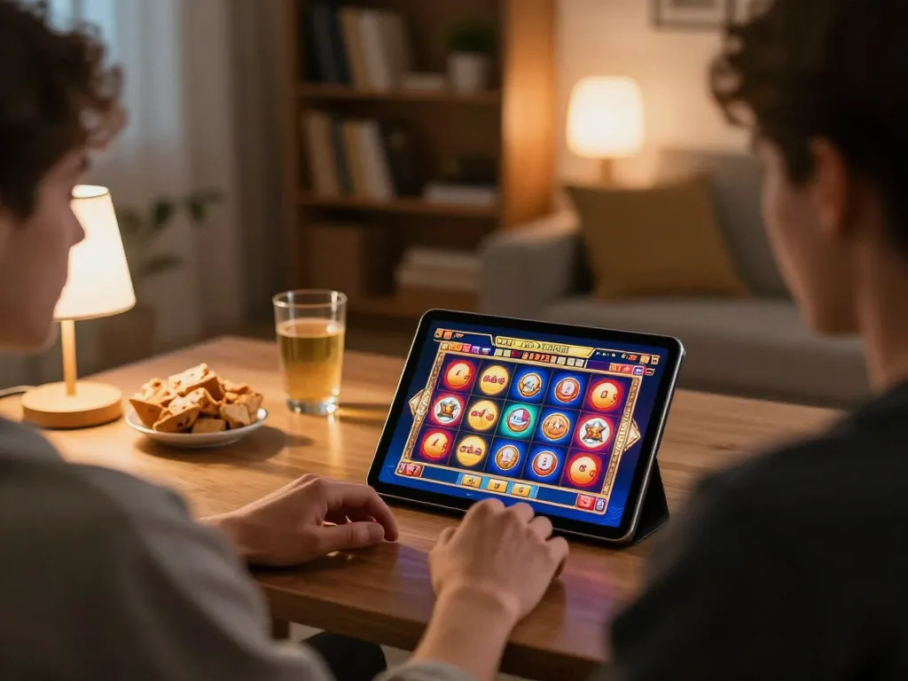Person enjoying engaging sunwin slot games on a tablet in a cozy home environment.