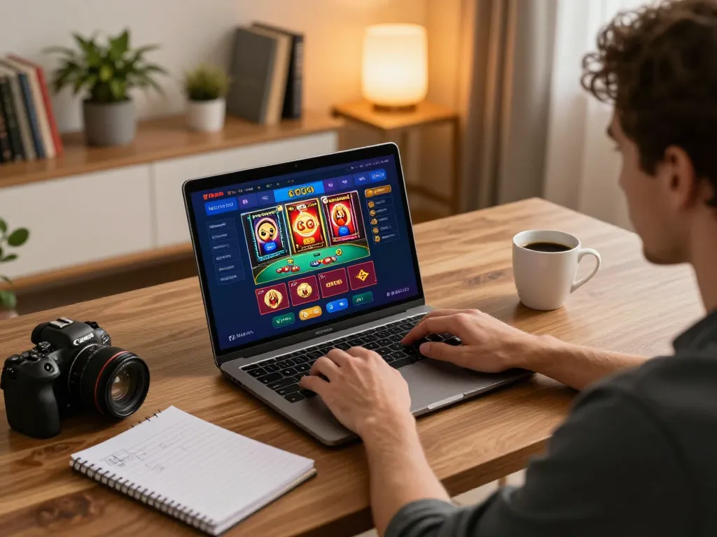 MAY88 player enjoying online casino games on laptop in a cozy setting, showcasing strategy notes.