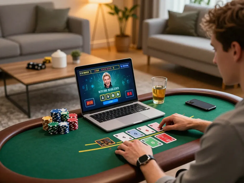 Alo88 player engaging in an online blackjack game with chips visible on the screen, cozy home atmosphere.