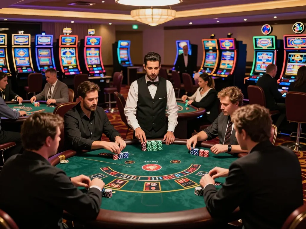 Nohu players enjoying blackjack at a lively casino table under vibrant lighting.
