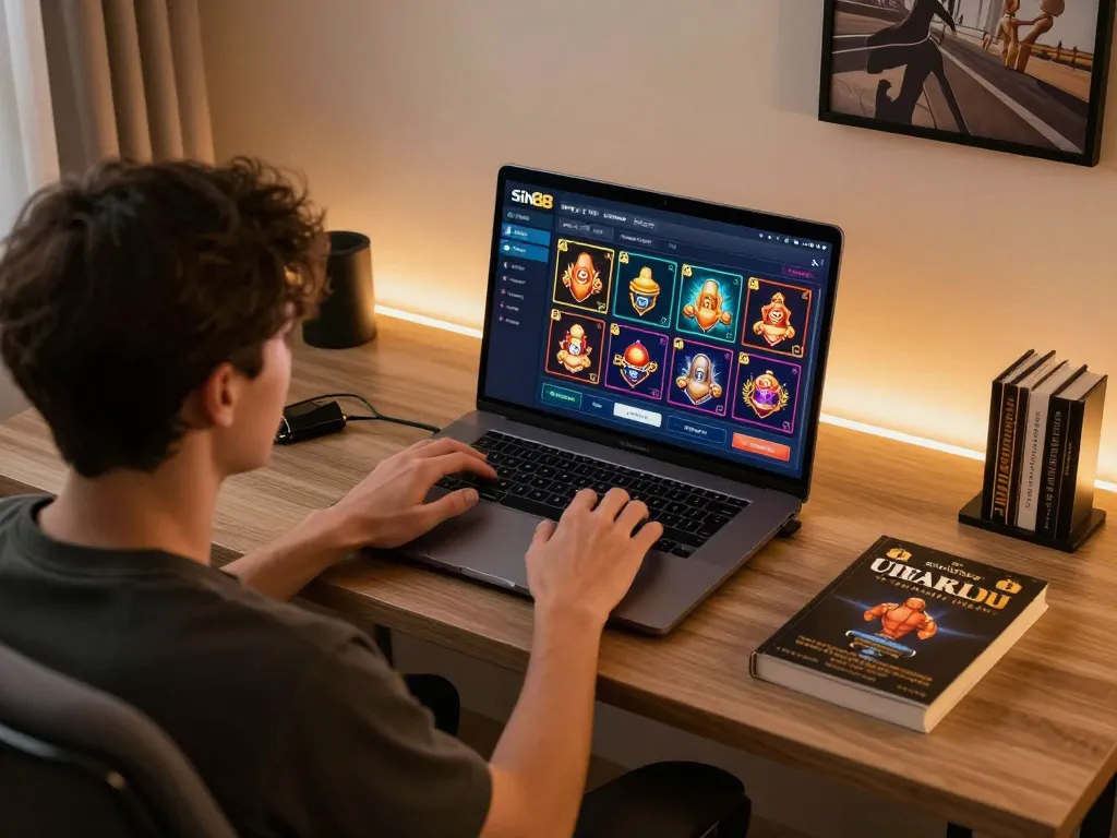 Sin88 player strategizing bets at a stylish home office with a modern gaming setup.