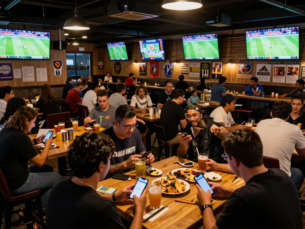 Betting enthusiasts checking tỷ lệ kèo nhà cái hôm nay in a lively sports bar.