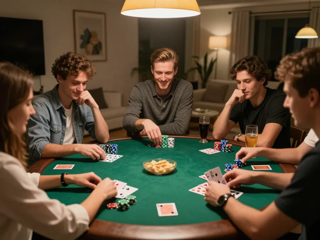 Friends engaged in a lively poker game night, showcasing HELLO88's interactive gambling experience with colorful chips and warm ambiance