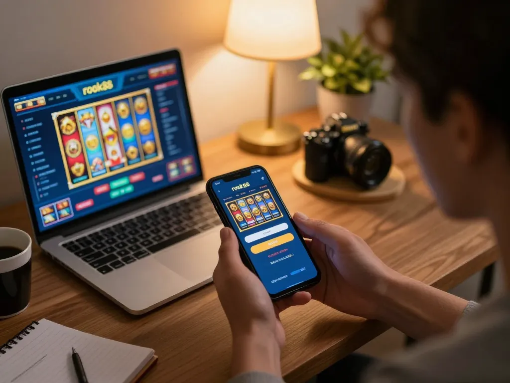 Permainan yang menarik dengan login slot rokok88 terlihat di smartphone, pengaturan permainan di rumah yang nyaman