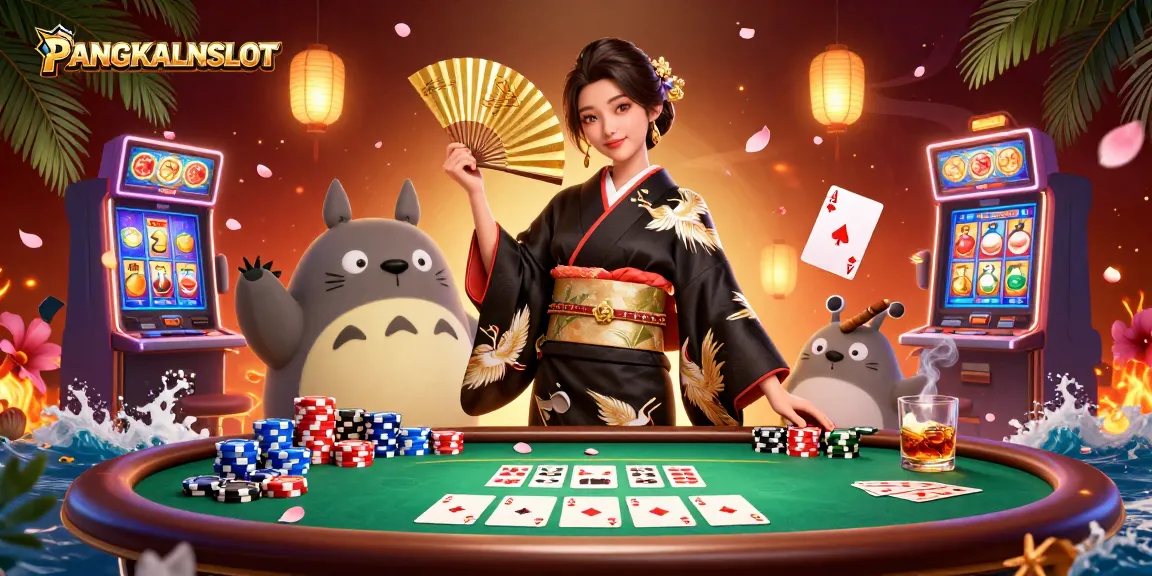 PANGKALANSLOT brings lively casino action with an elegant woman and tanuki amidst poker chips and slot machines.
