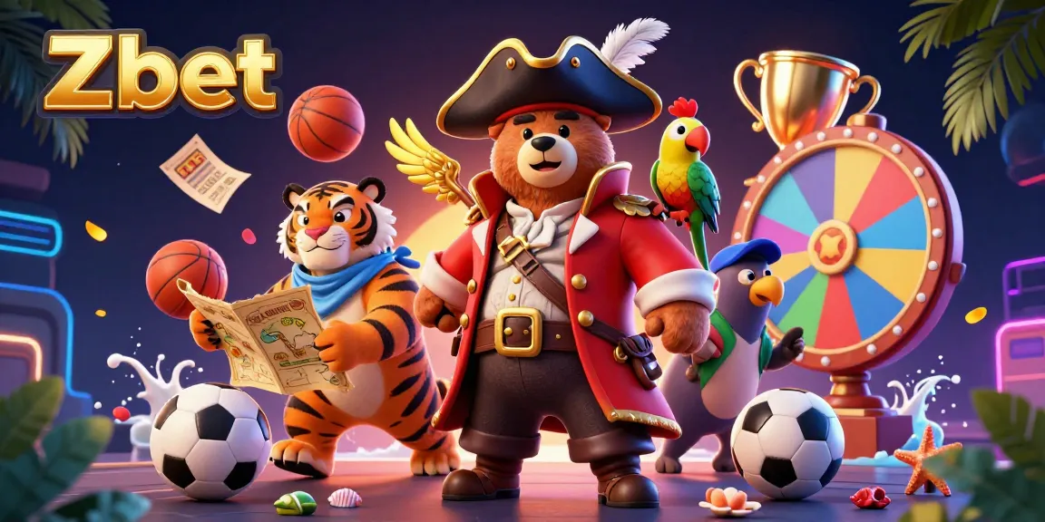 Zbet sports betting scene featuring a pirate bear, tiger, and parrot surrounded by vibrant sports elements.