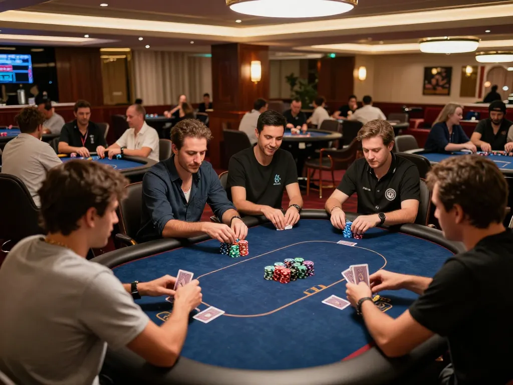 Players strategizing at Five88 poker table surrounded by upscale decor and vibrant atmosphere.