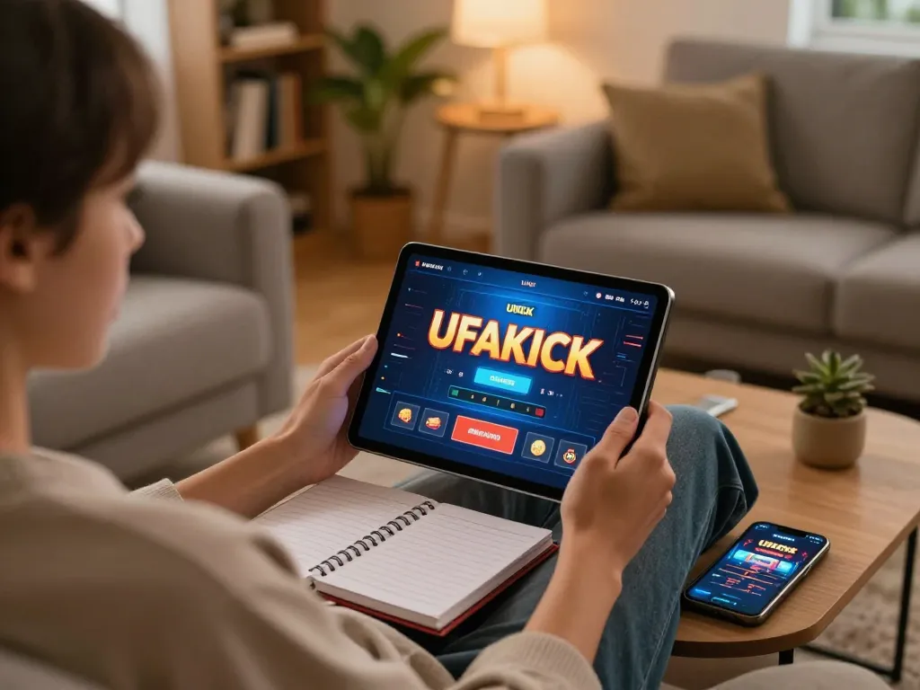 Engaging in online gaming at home using UFAKICK platform on a tablet, warm atmosphere with strategic notes.