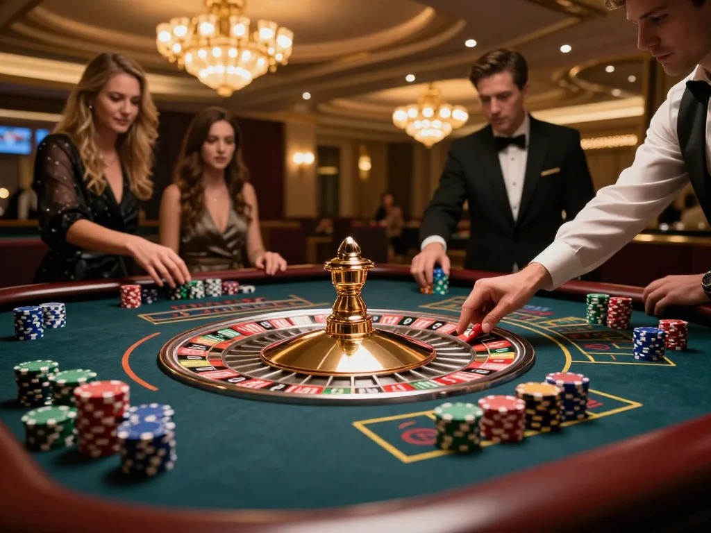 sunwin players placing bets at an elegant roulette table in a vibrant casino atmosphere