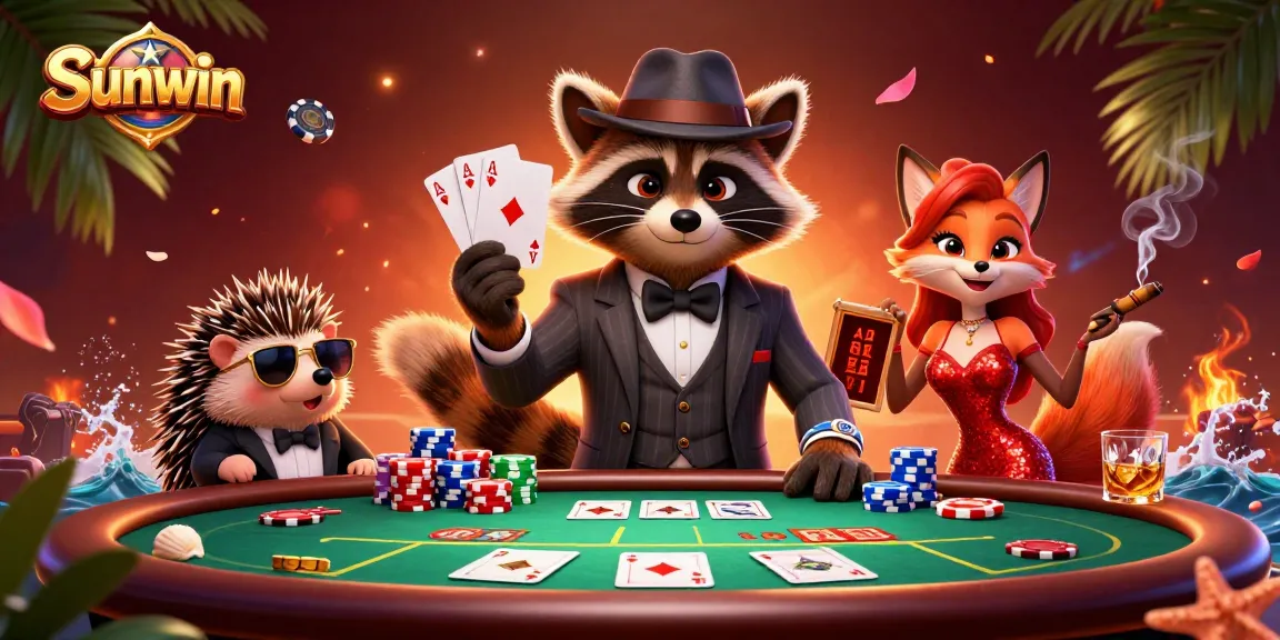 Experience exciting games at Sunwin with a grand poker showdown featuring colorful chips and characters.